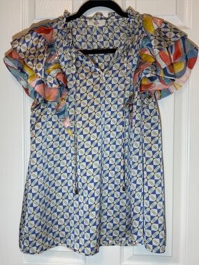 Entro Blue Geometric Print Top with Multicolor Ruffle Sleeves